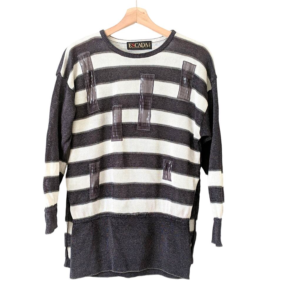 ESCADA Vintage Sweater Striped Grey‎ Embellished Linen Top 34 Small Oversize